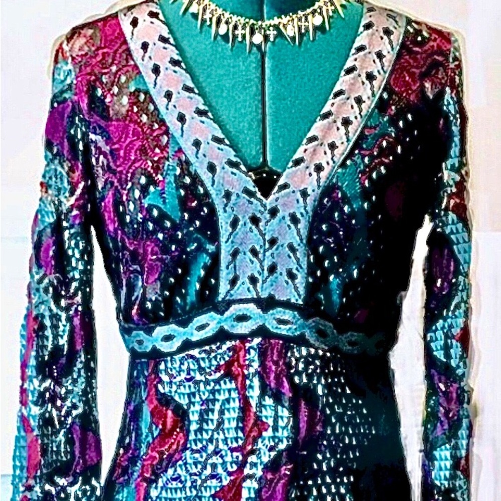 HALE BOB long-sleeve V-neck blue purple midi dress Lace Geometric Stretch Jewel - Picture 11 of 11
